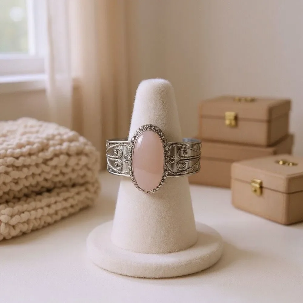 Artisan Rose Quartz Adjustable Silver Bangle Bracelet – Handcrafted Elegance New